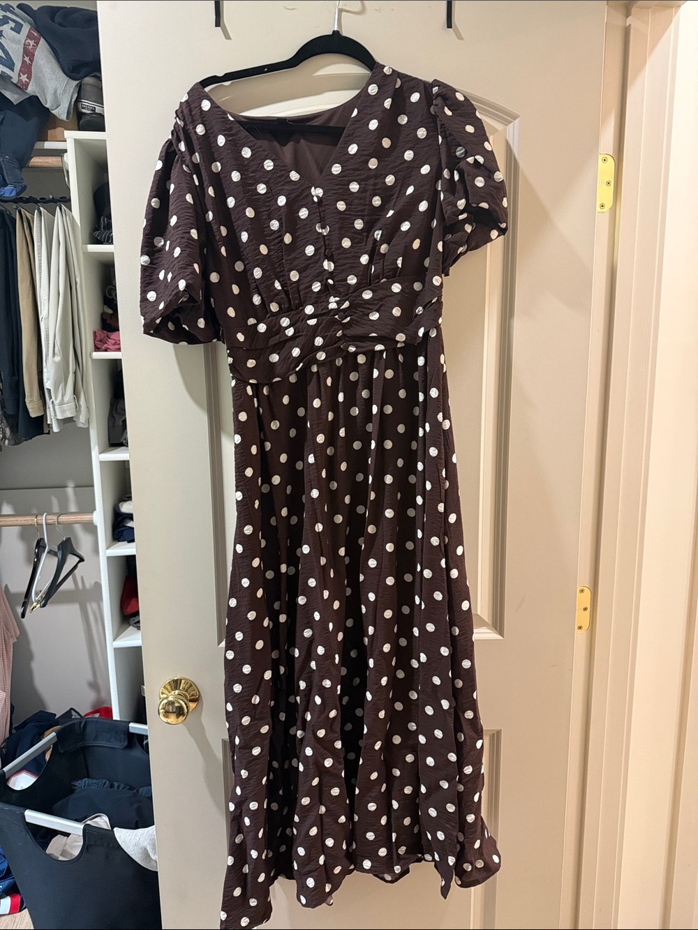 Womens Brown Polka Dot Dress with White Spots